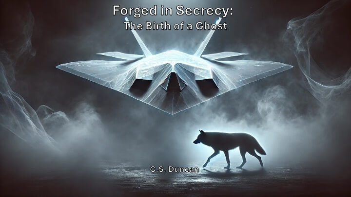 Forged in Secrecy book cover with stealth aircraft and wolf in mist