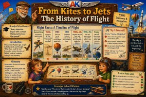 Children learning the history of flight from kites to jets through a timeline showing early aviation, balloons, airplanes, and rockets