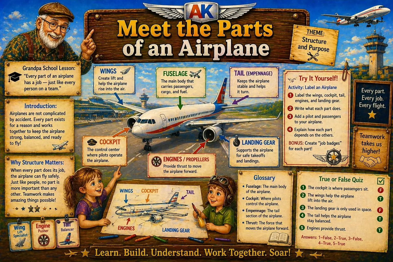 Kids learning the parts of an airplane including wings, cockpit, engines, tail, and landing gear through a labeled diagram