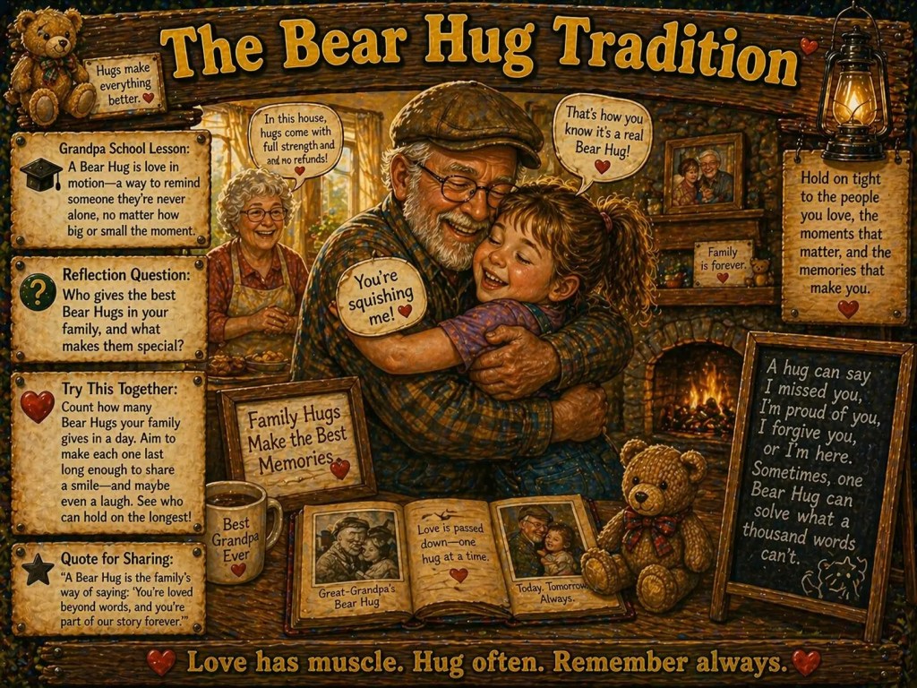 Grandfather giving his granddaughter a warm bear hug by the fireplace while family watches, showing love, comfort, and connection