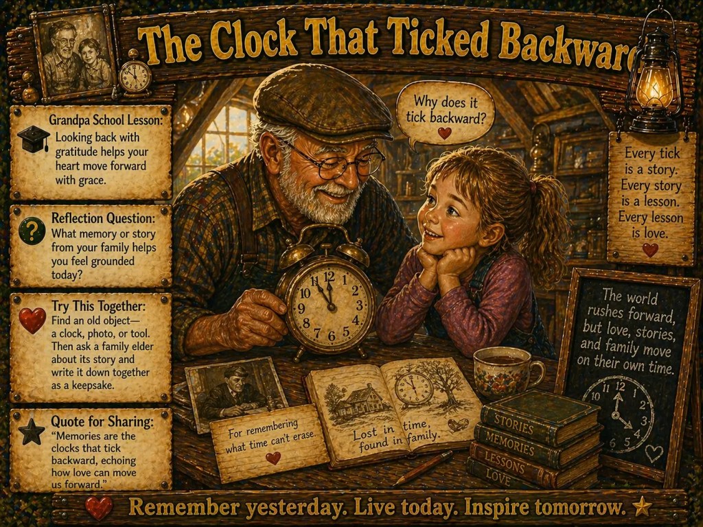 Grandfather showing a vintage clock to his granddaughter while sharing family memories about time, love, and reflection