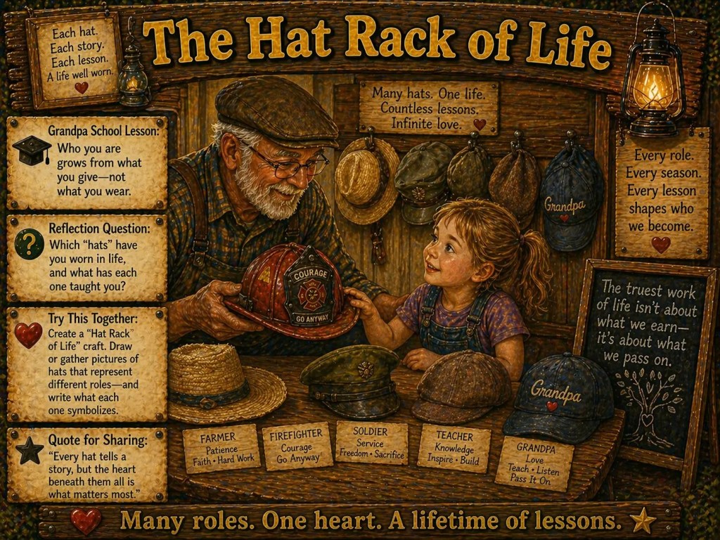 Grandfather showing different hats to his granddaughter, representing life roles like farmer, firefighter, soldier, teacher, and grandpa