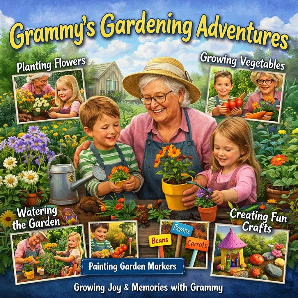 Grammy’s Gardening Adventures with children planting flowers and learning together in a family garden