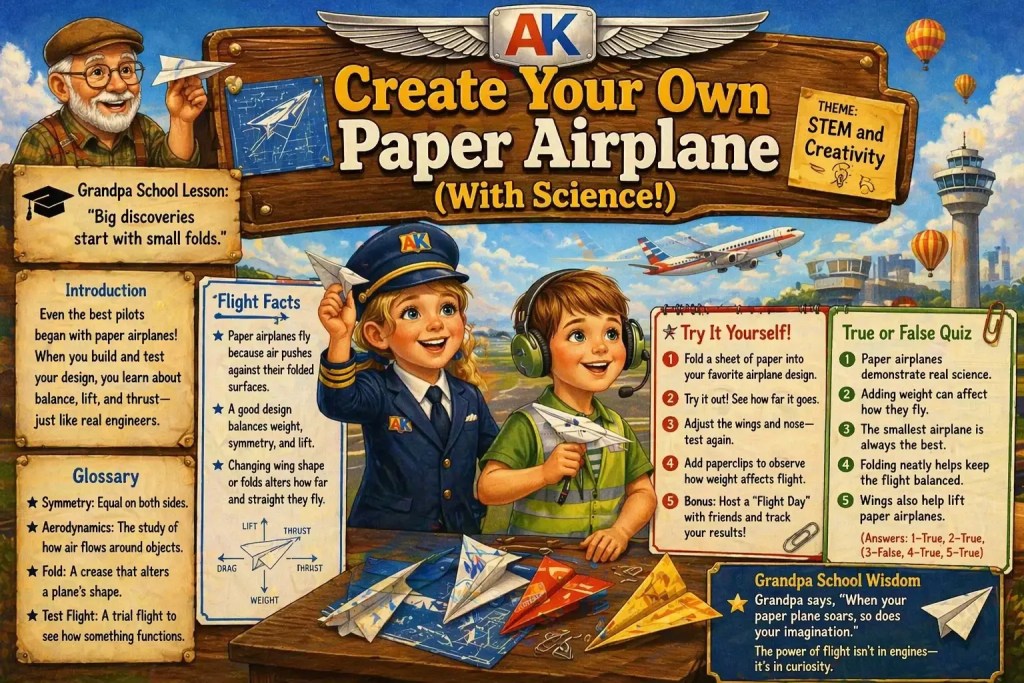 Kids learning to build paper airplanes with a pilot and air traffic controller, teaching STEM concepts like lift, thrust, and aerodynamics