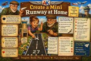 Child and grandfather building a miniature runway at home with toy airplanes, learning aviation concepts like runways, taxiways, and takeoff