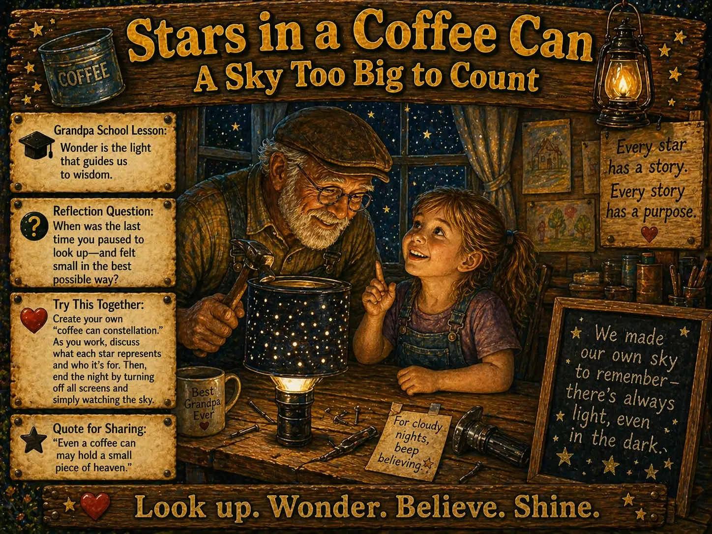Grandfather and granddaughter creating a starry sky using a coffee can lantern, learning about wonder, imagination, and believing in light