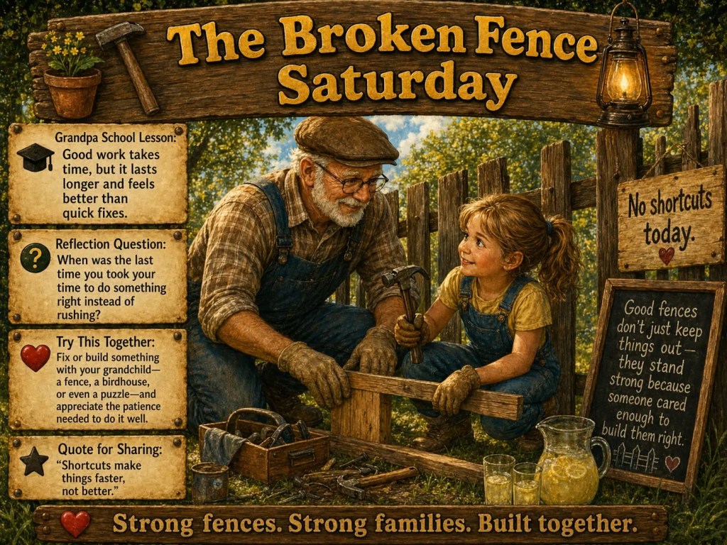 Grandfather and granddaughter repairing a wooden fence together, learning about patience, hard work, and doing things the right way