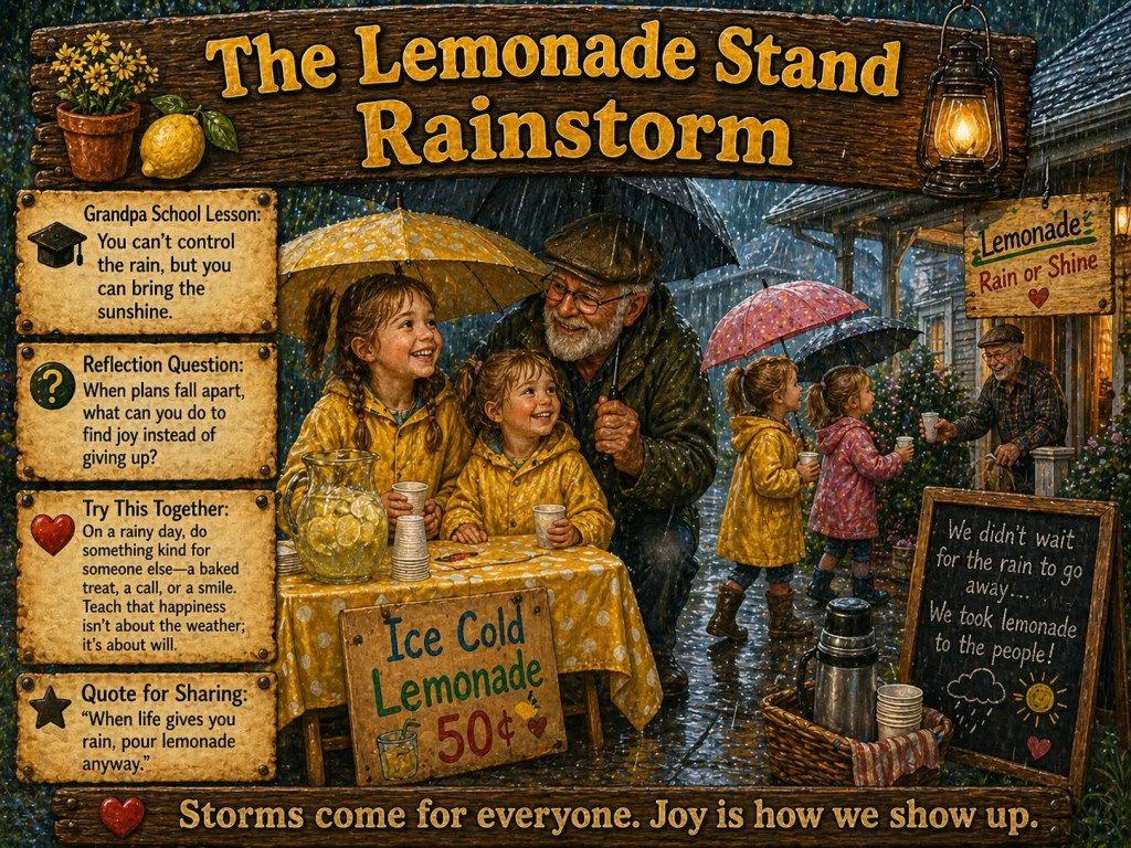 Grandfather and children running a lemonade stand in the rain, sharing joy and kindness despite the storm