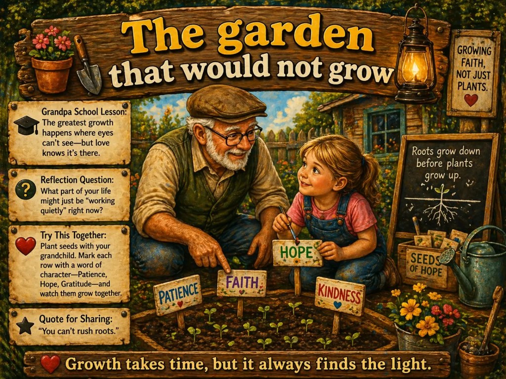 Alt Text: Grandfather and granddaughter planting a garden together with signs labeled patience, faith, hope, and kindness in a backyard setting