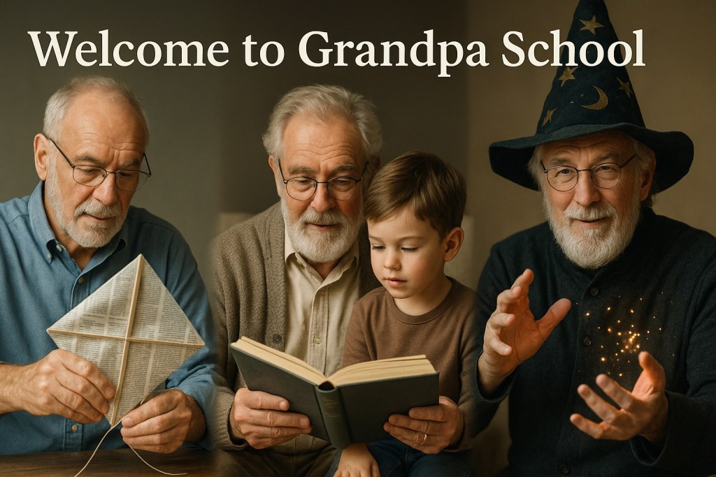 “Welcome to Grandpa School—four grandfathers engaging in creative learning activities with a child, including making a newspaper kite, reading together, and performing magic, representing family learning, storytelling, and intergenerational education.” Activities Rainy Day