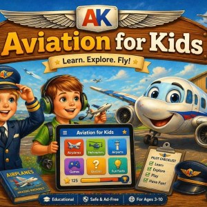 Aviation for Kids app showing two children and a friendly airplane at an airport with a tablet displaying airplanes helicopters airports games quizzes and fun facts — educational aviation app for ages 3 to 10