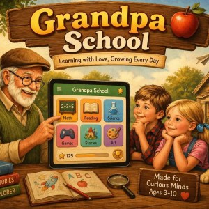 Grandpa School app showing a grandfather teaching two grandchildren using a tablet with math reading science games stories and art lessons — educational app for curious minds ages 3 to 10