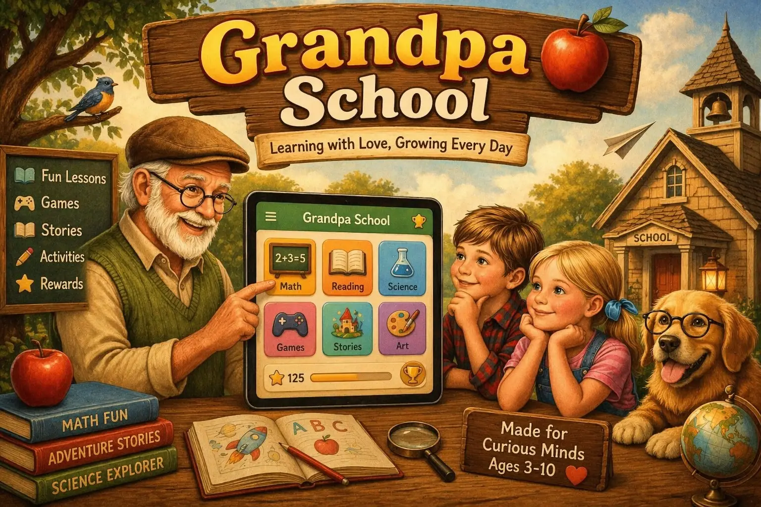 Grandpa School app showing a grandfather teaching two grandchildren using a tablet with math reading science games stories and art lessons — educational app for curious minds ages 3 to 10