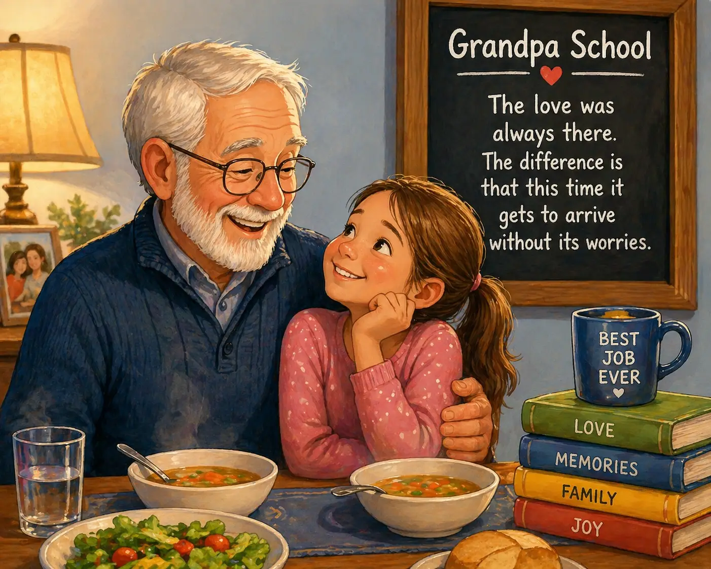 Grandfather and granddaughter sharing a joyful dinner moment showing how grandparents love without worry