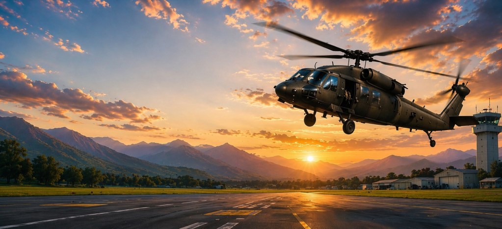 Military helicopter flying over runway at sunset with mountains in background