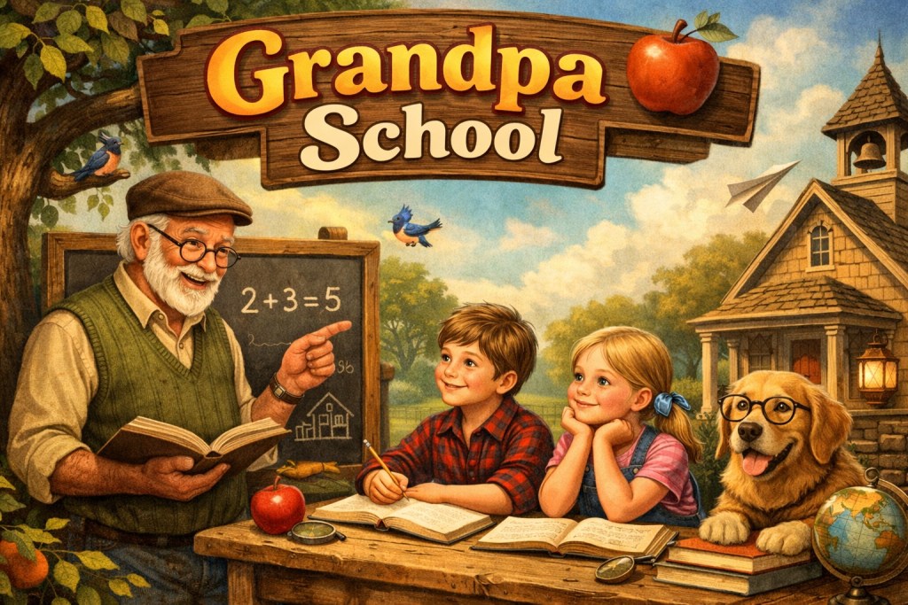 Grandfather teaching children life lessons and learning concepts in a warm Grandpa School setting symbolizing wisdom, guidance, and family connection