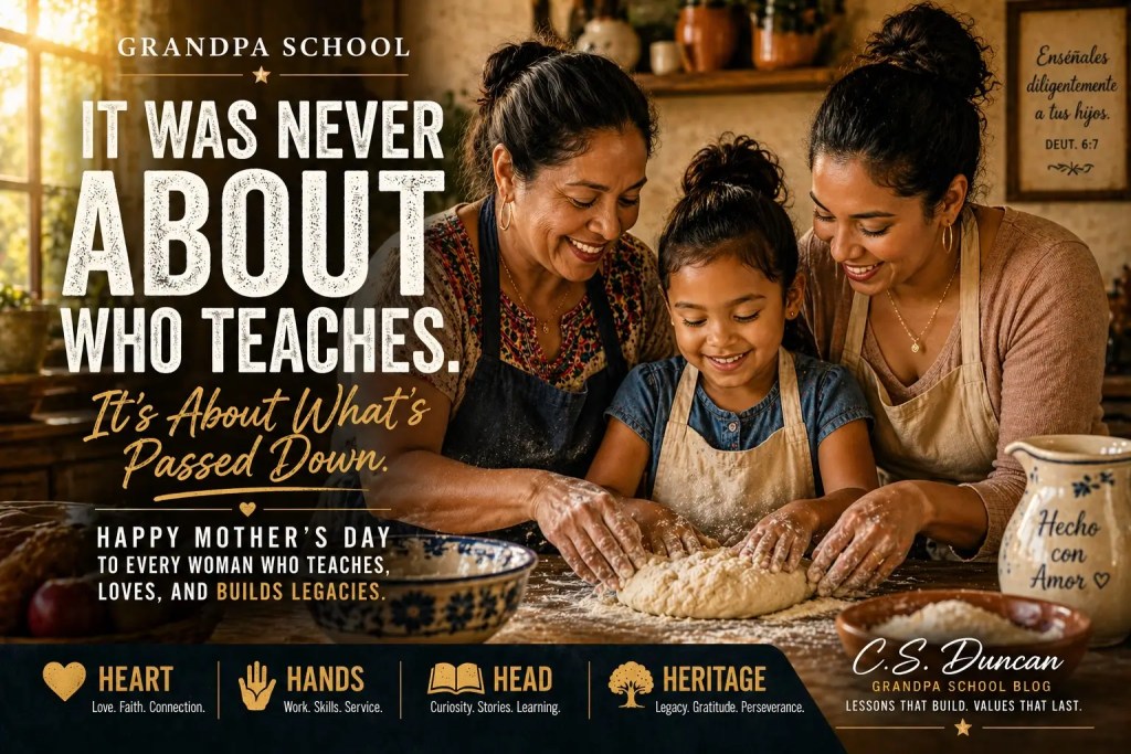 Hispanic grandmother and mother teaching a young girl life lessons while baking together in a warm kitchen, representing the heart of Grandpa School
