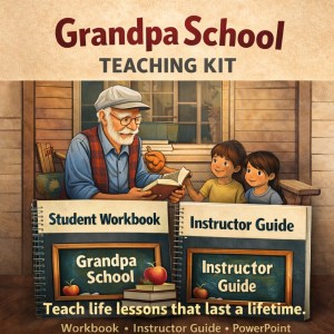 Grandpa School Teaching Kit with student workbook and instructor guide showing a grandfather teaching children life lessons