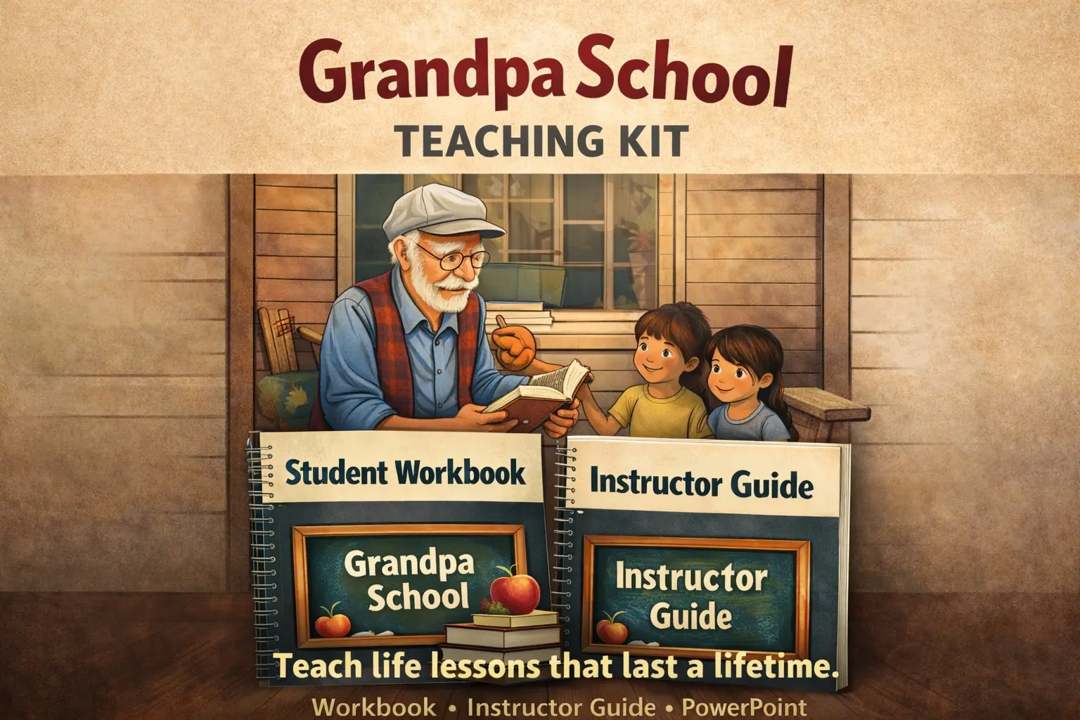 Grandpa School Teaching Kit with student workbook and instructor guide showing a grandfather teaching children life lessons