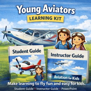 Young Aviators Learning Kit with student guide and instructor guide showing kids learning about airplanes and aviation basics