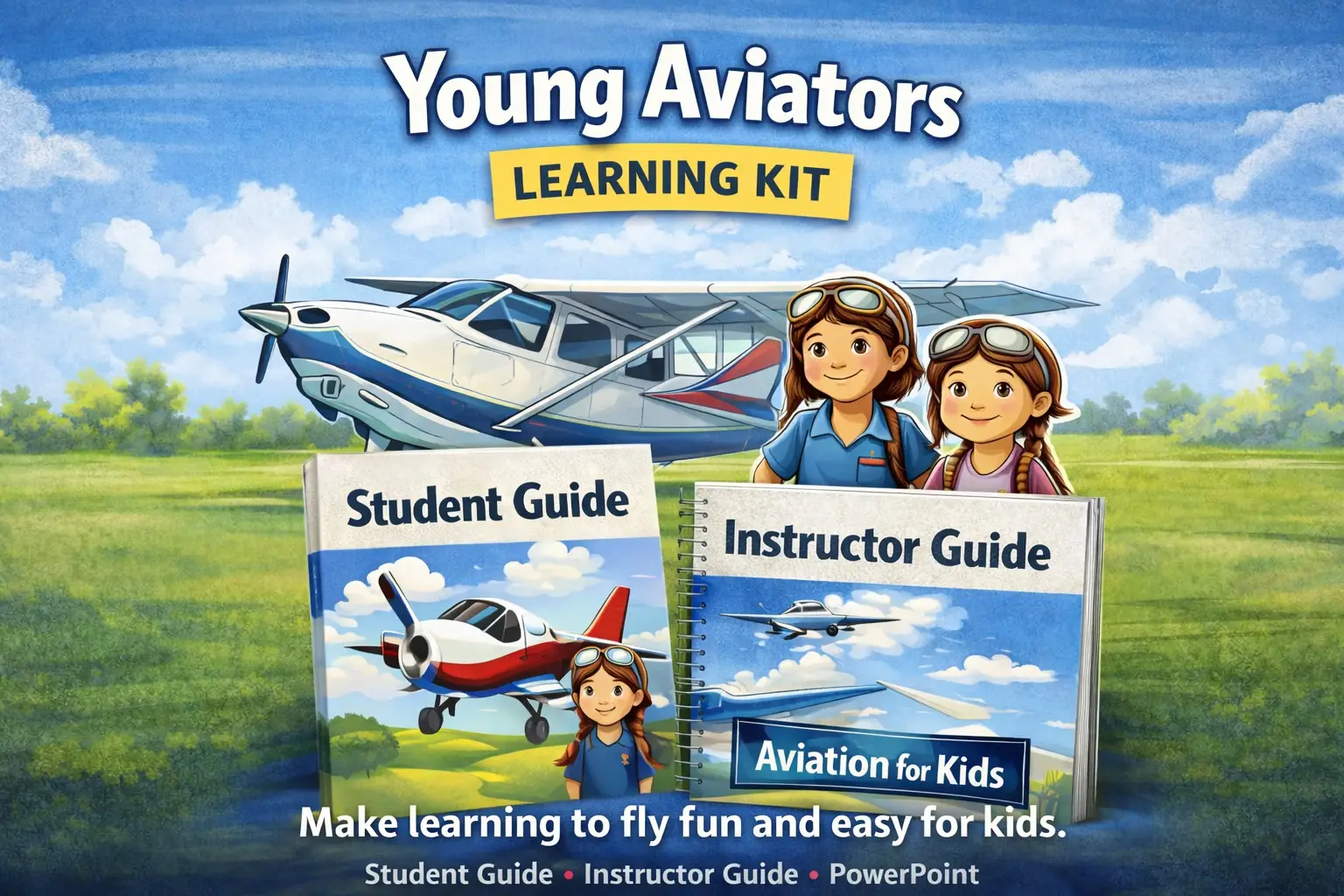 Young Aviators Learning Kit with student guide and instructor guide showing kids learning about airplanes and aviation basics