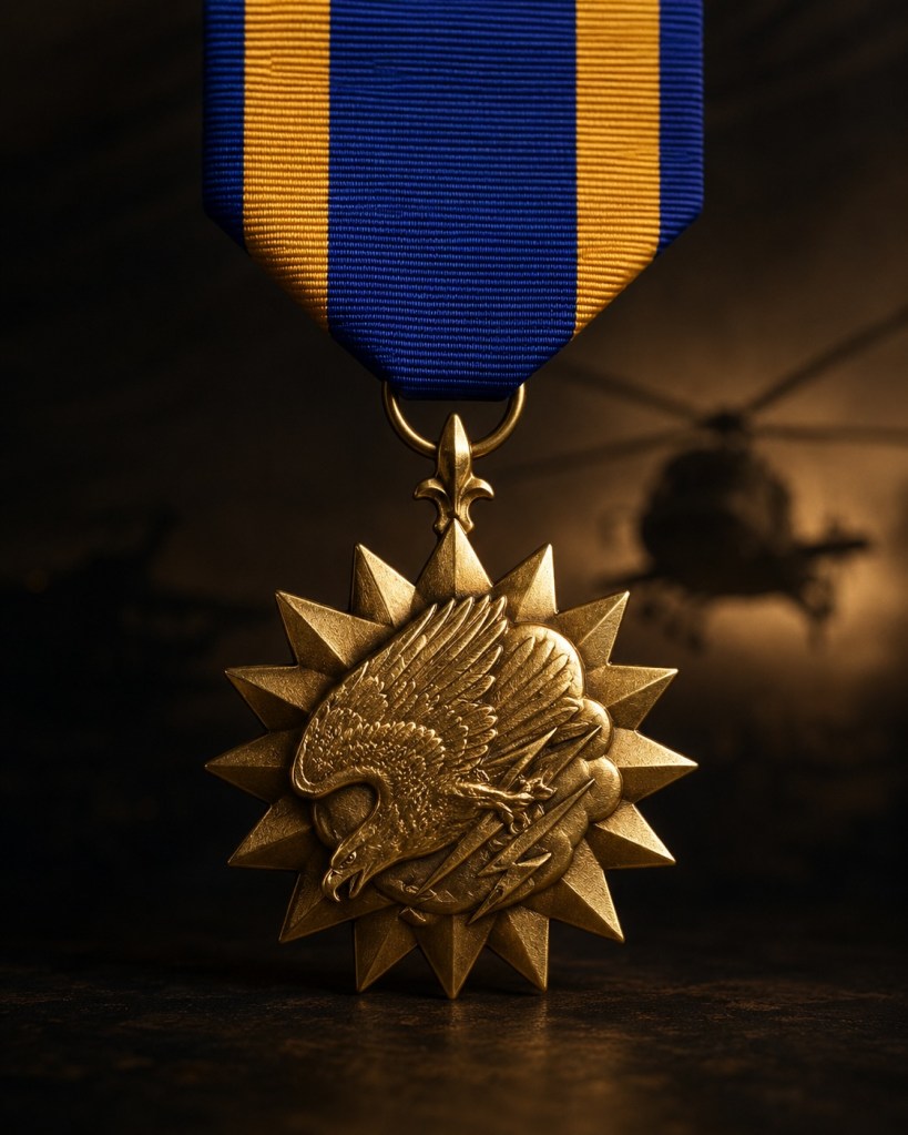 Ultra-realistic close-up image of the U.S. Army Air Medal with dramatic aviation lighting and metallic detail.