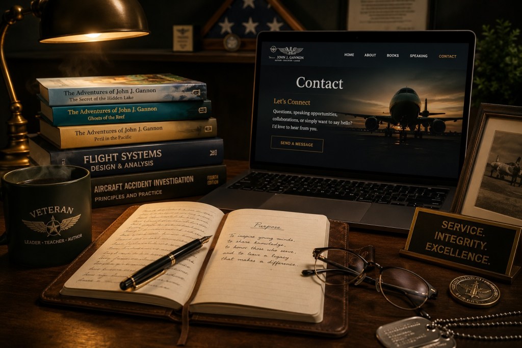 Warm cinematic writing workspace with books, journal, coffee mug, and aviation memorabilia belonging to a veteran author.