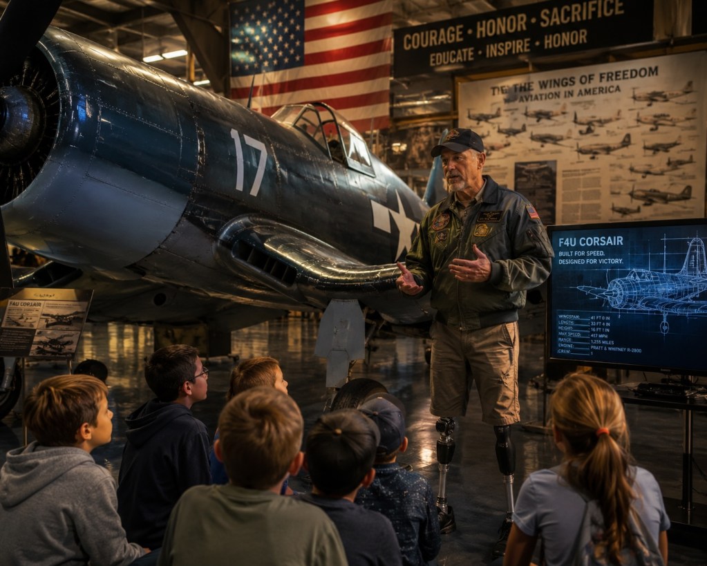 Veteran aviation mentor teaching children beside a historic military aircraft inside an aviation museum.