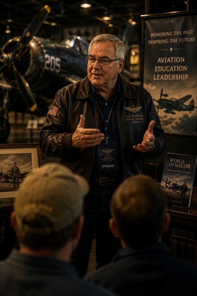 Veteran aviation educator speaking with visitors inside an aviation museum surrounded by historic aircraft and educational displays.