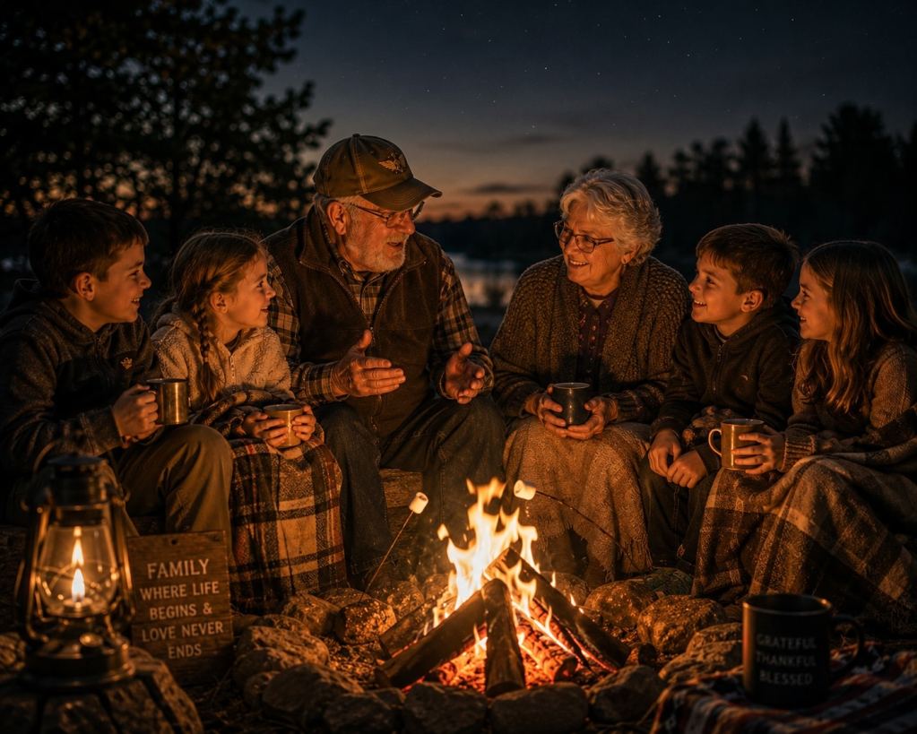 Grandparents and grandchildren gathered around a glowing campfire sharing stories and family memories at dusk.