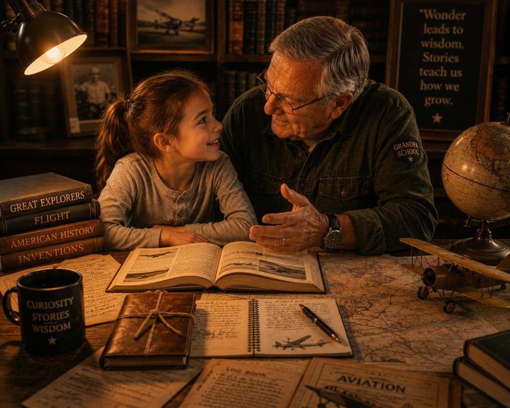 Grandfather and grandchild reading books and exploring maps, journals, and educational materials together.