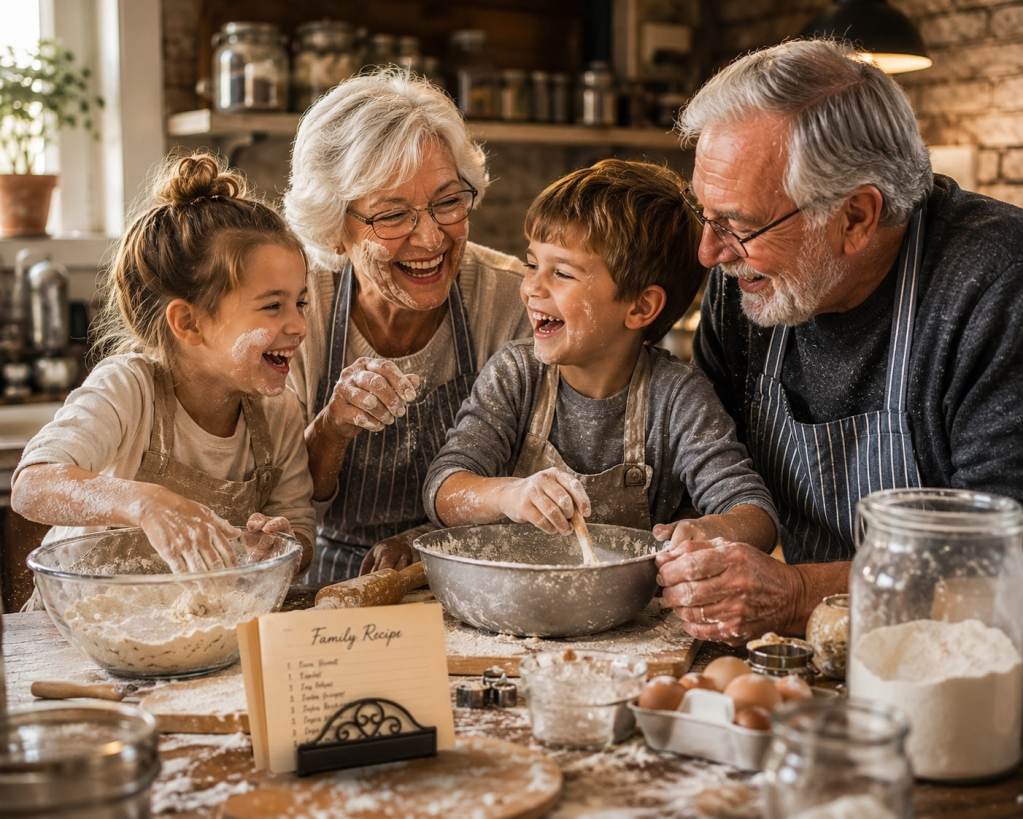 Grandparents and grandchildren laughing together while baking in a warm family kitchen.