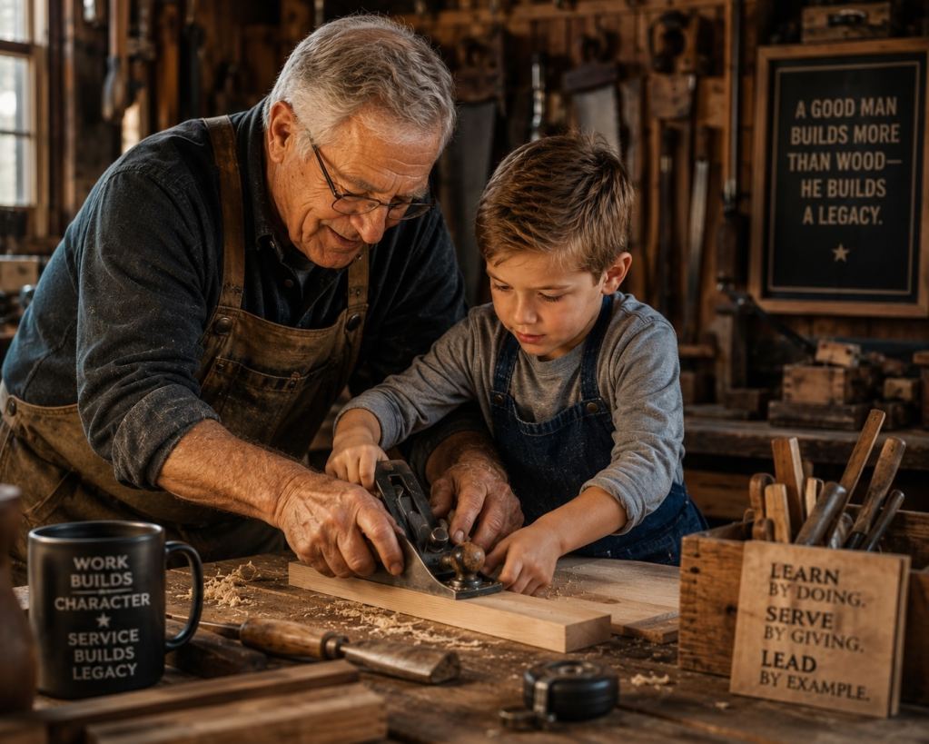 Grandfather teaching a child woodworking or gardening skills while working together with tools and hands-on learning.