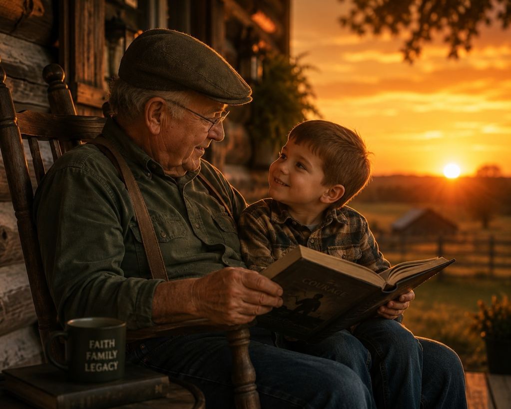 Grandfather reading stories with a grandchild on a rustic porch swing during warm sunset lighting.