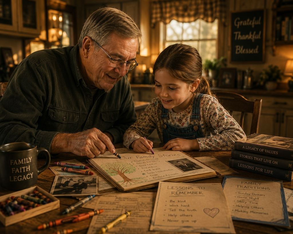 Grandfather and granddaughter working together at a kitchen table with books, handwritten notes, and warm family lighting.
