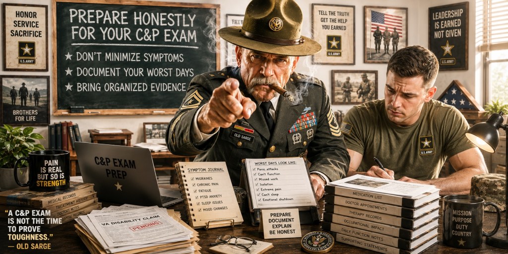 Old Sarge mentoring a younger veteran inside a well-lit VA claim preparation office filled with medical records, symptom journals, and organized evidence for a VA C&P exam.
