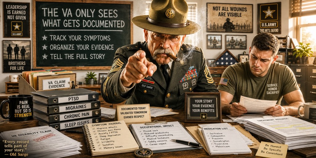 Old Sarge mentoring a younger veteran inside a well-lit VA claim preparation office filled with medical records, symptom journals, and organized evidence for a VA C&P exam.