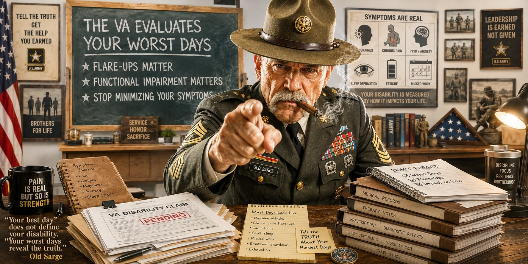 Old Sarge Army First Sergeant pointing toward the viewer inside a bright VA counseling office while explaining that VA disability exams evaluate a veteran’s worst days, including PTSD, chronic pain, migraines, fatigue, and functional impairment.
