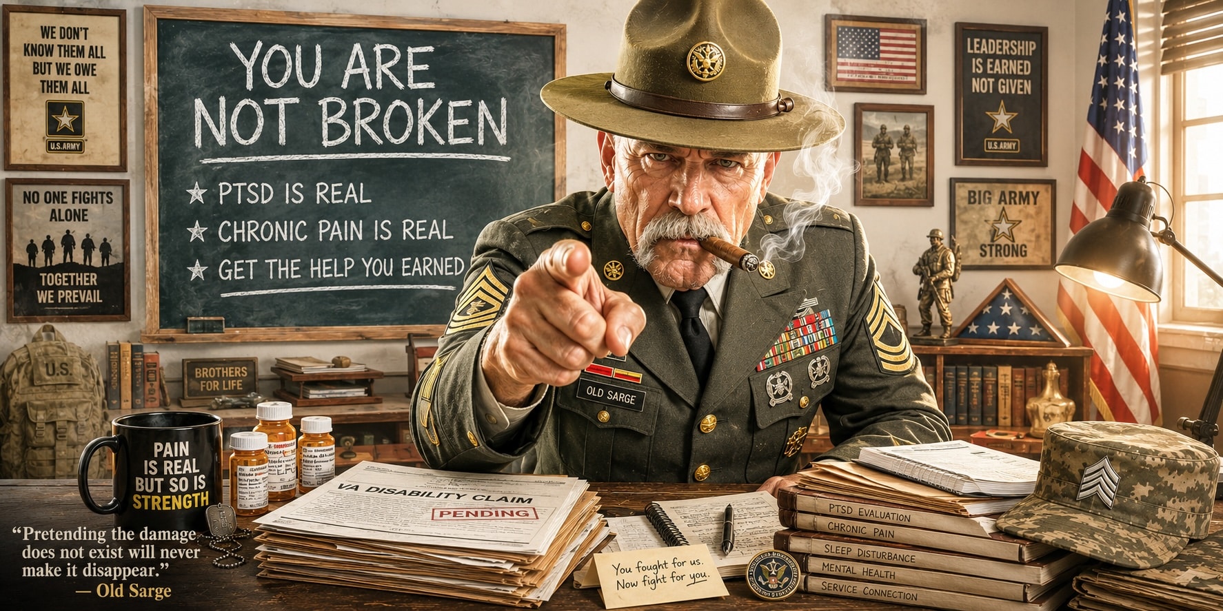 Old Sarge standing in a bright veteran claim office surrounded by organized VA paperwork, medical evidence binders, symptom journals, and disability claim documentation.