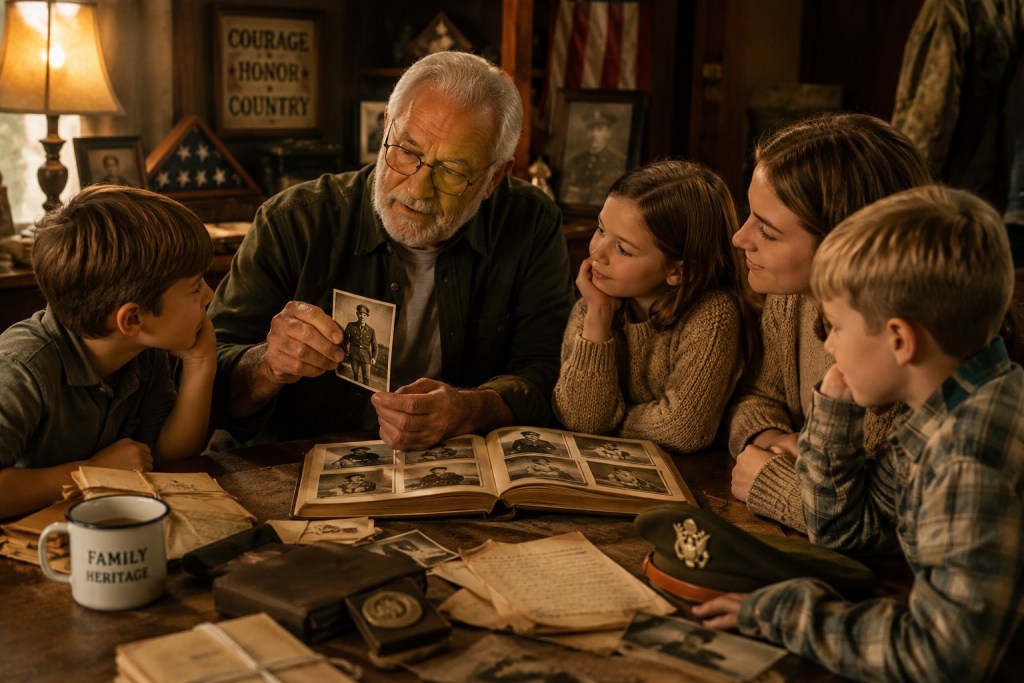 Grandfather sharing old family photographs and handwritten letters with grandchildren around a dining room table.