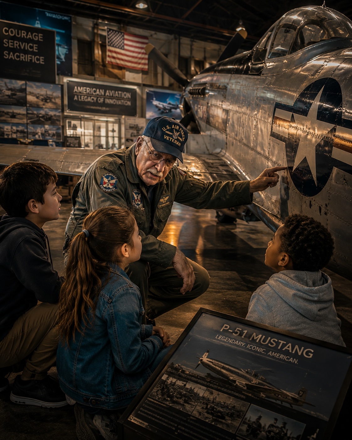 Veteran aviation mentor teaching children beside a historic aircraft inside an aviation museum hangar.