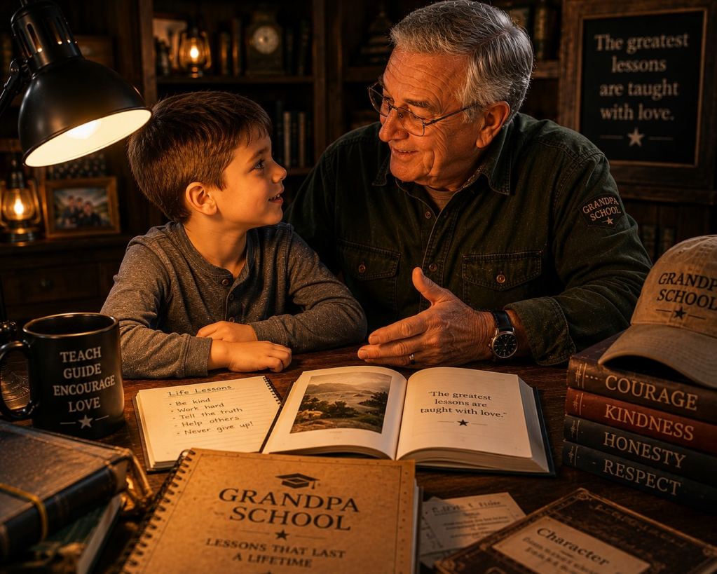 Grandfather helping a child write in a workbook beside warm lamp lighting and educational materials.