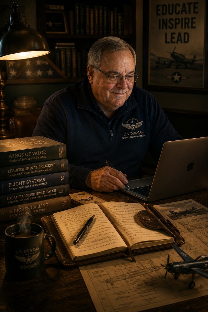 Veteran author seated at a warm wooden desk replying to messages beside aviation books, handwritten notes, and softly lit office décor.