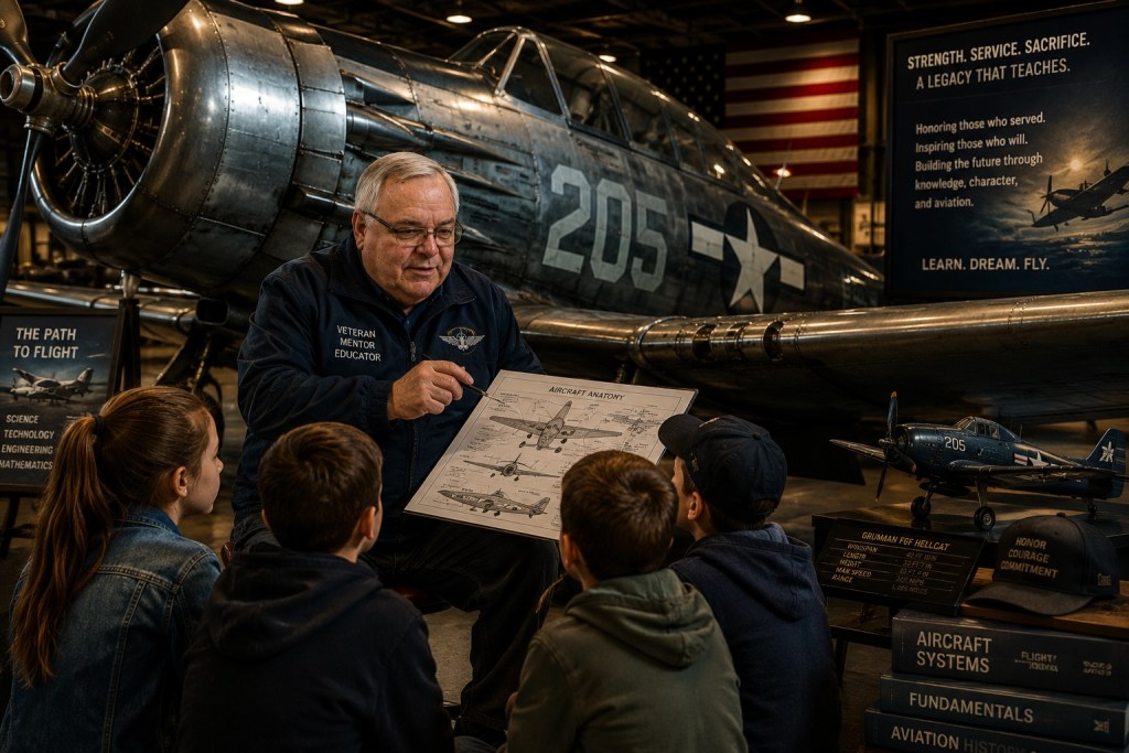 Veteran author and aviation educator speaking to an audience at a professional military or educational conference.