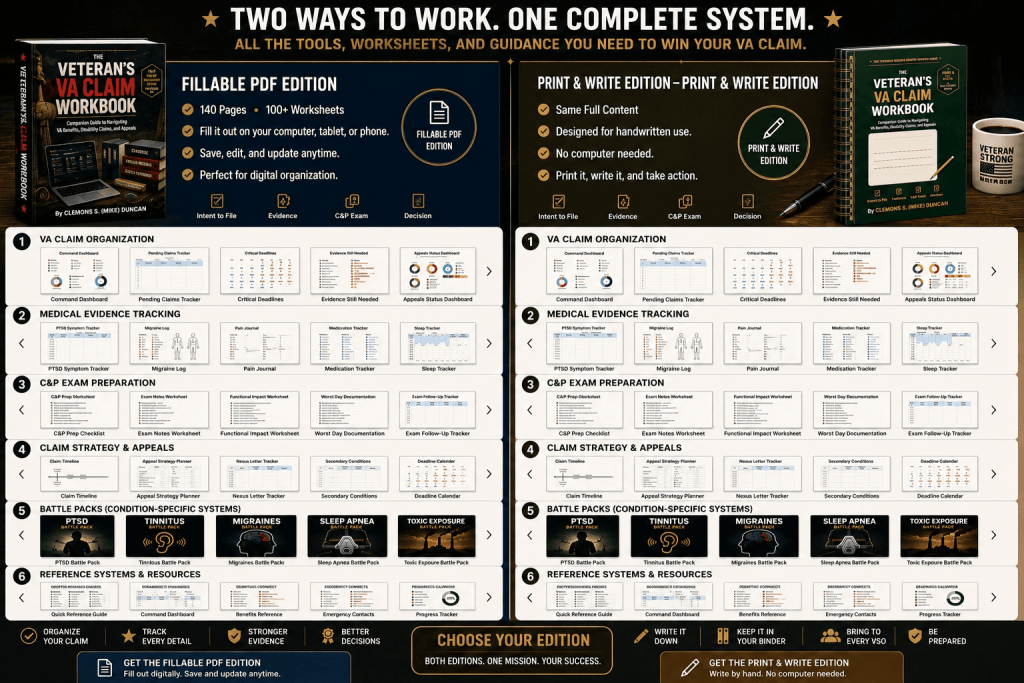 Comparison of The Veteran's VA Claim Workbook Fillable PDF Edition and Print & Write Edition showing features, worksheet categories, VA claim organization tools, medical evidence tracking, C&P exam preparation, battle packs, and reference resources.