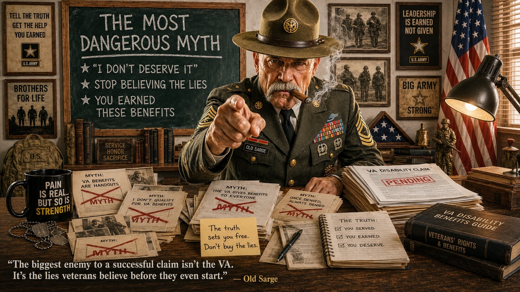 Old Sarge points toward the viewer from his military office while teaching veterans about the most dangerous myth veterans believe about va claims.