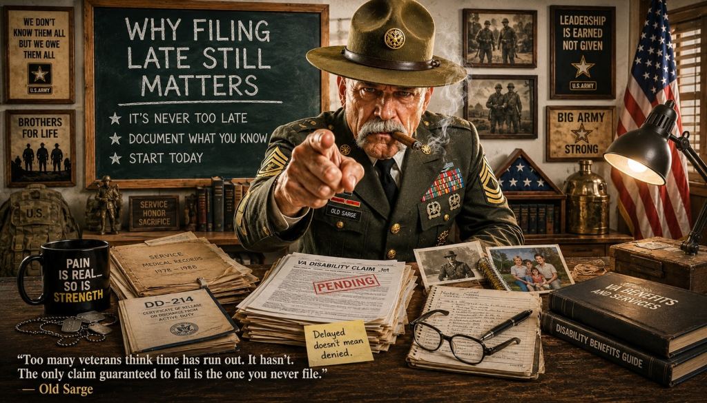 Old Sarge points toward the viewer from his military office while teaching veterans about why filing late still matters.