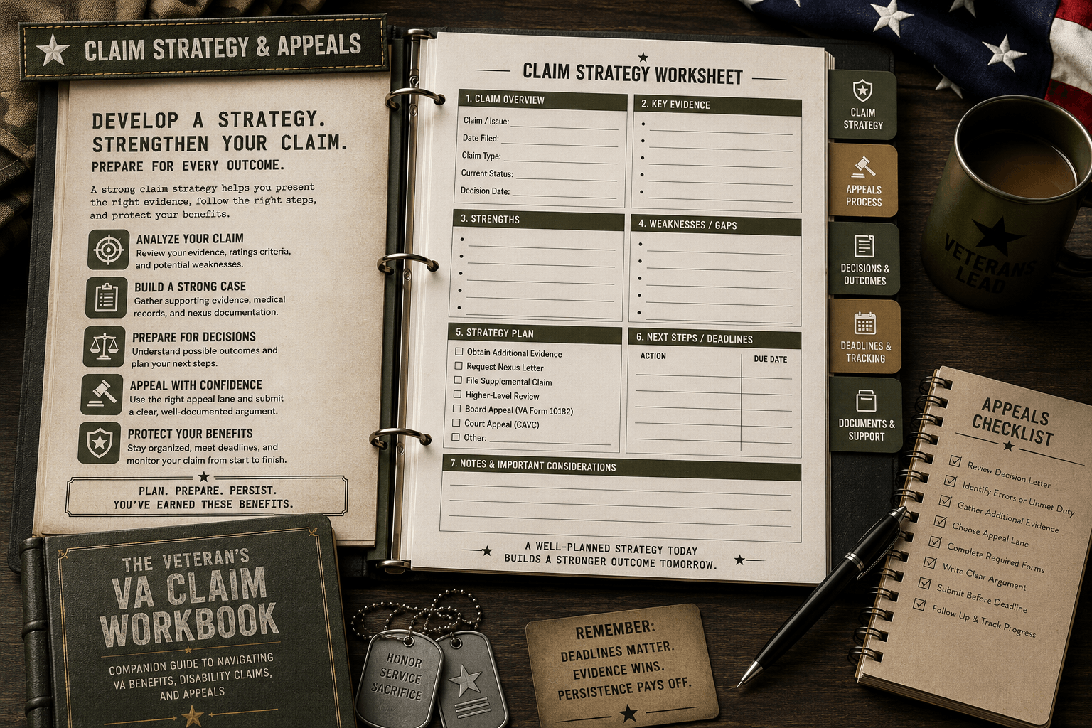 The Veteran's VA Claim Workbook Claim Strategy & Appeals System featuring worksheets for claim planning, evidence organization, appeal preparation, deadlines, and VA disability claim management.