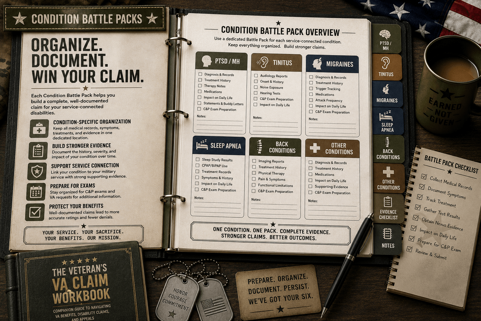 The Veteran's VA Claim Workbook Condition Battle Packs System featuring condition-specific worksheets and evidence organizers for PTSD, tinnitus, migraines, sleep apnea, back conditions, and other VA disability claims.