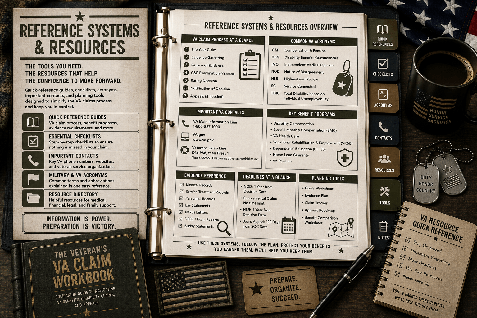 The Veteran's VA Claim Workbook Reference Systems & Resources featuring VA claim process guides, benefit reference charts, checklists, acronyms, important contacts, planning tools, and veteran support resources.